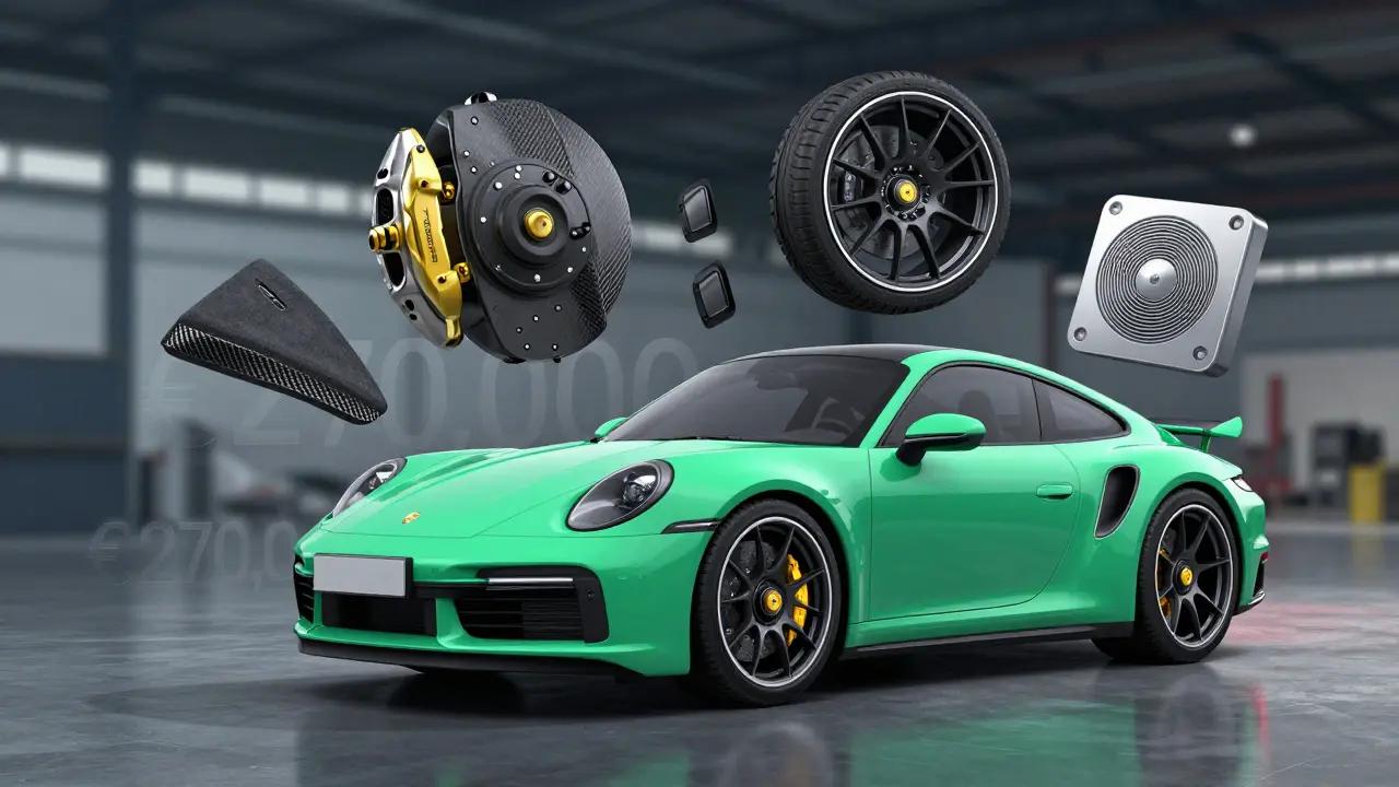 Porsche 911 Turbo S en color Verde Miami con accesorios flotantes que representan opciones de lujo.