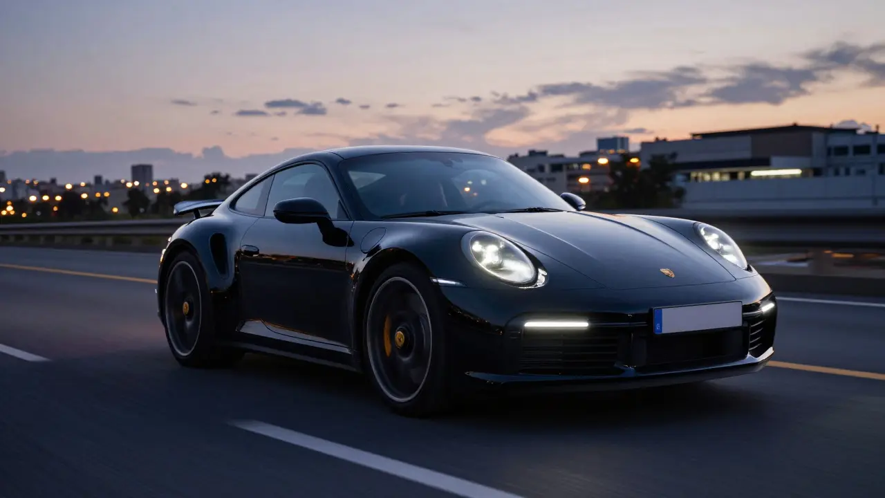 Porsche 911 Turbo S en movimiento por una autopista española al atardecer.