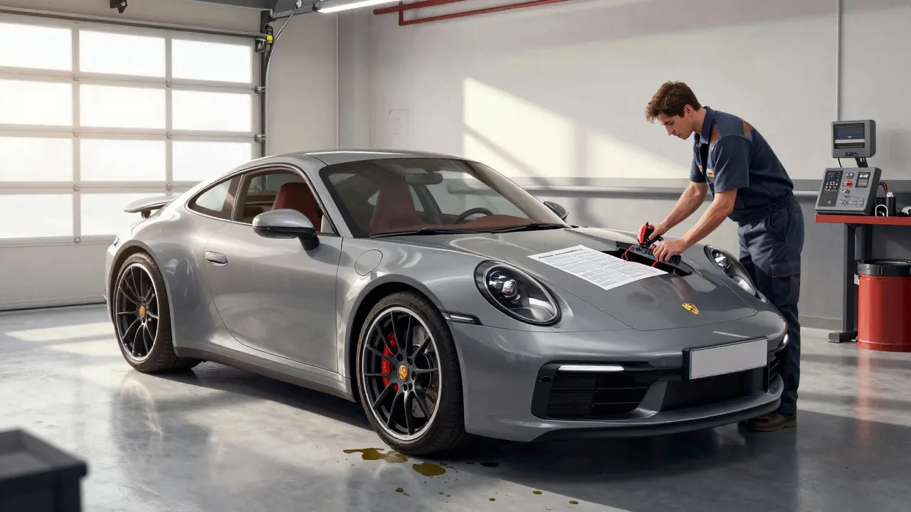 Porsche 911 usado de 2017 en taller español, mecánico revisando el motor con herramientas de diagnóstico.