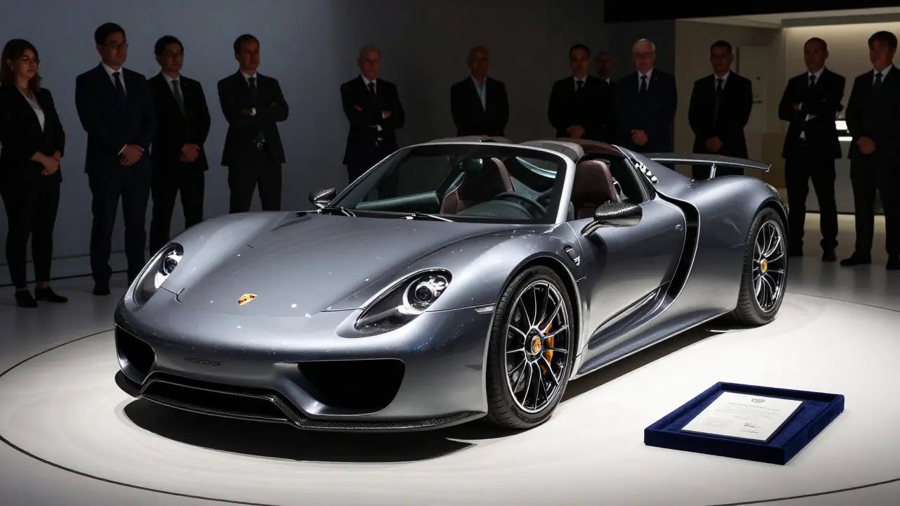 Porsche 918 Spyder en una subasta de lujo, con certificado de autenticidad al lado.