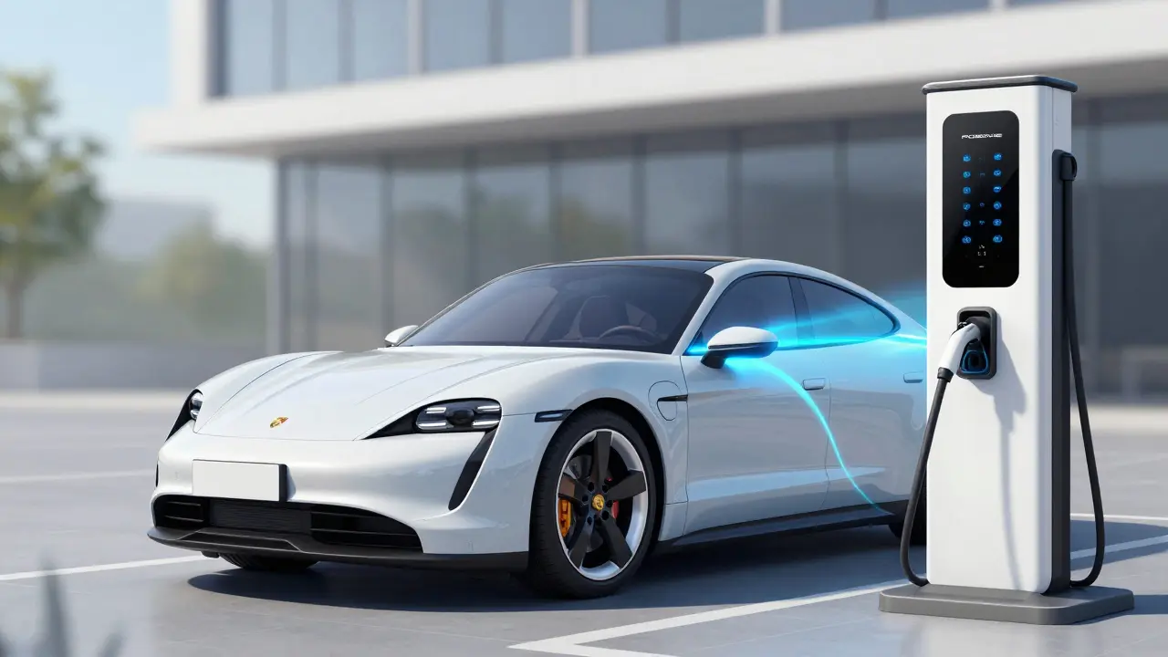 Porsche Taycan cargando con líneas de energía azul, fondo urbano moderno y efecto térmico sutil.