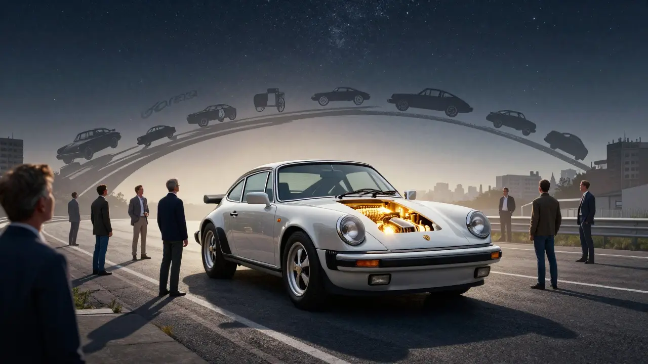 Representación artística del Porsche 911 Carrera como símbolo de herencia automotriz.
