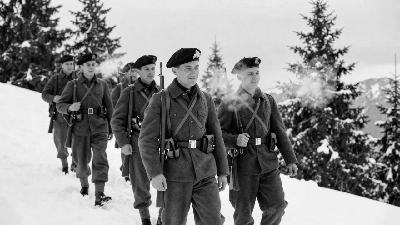 Soldados franceses de montaña con boinas en una cumbre nevada durante la década de 1940.