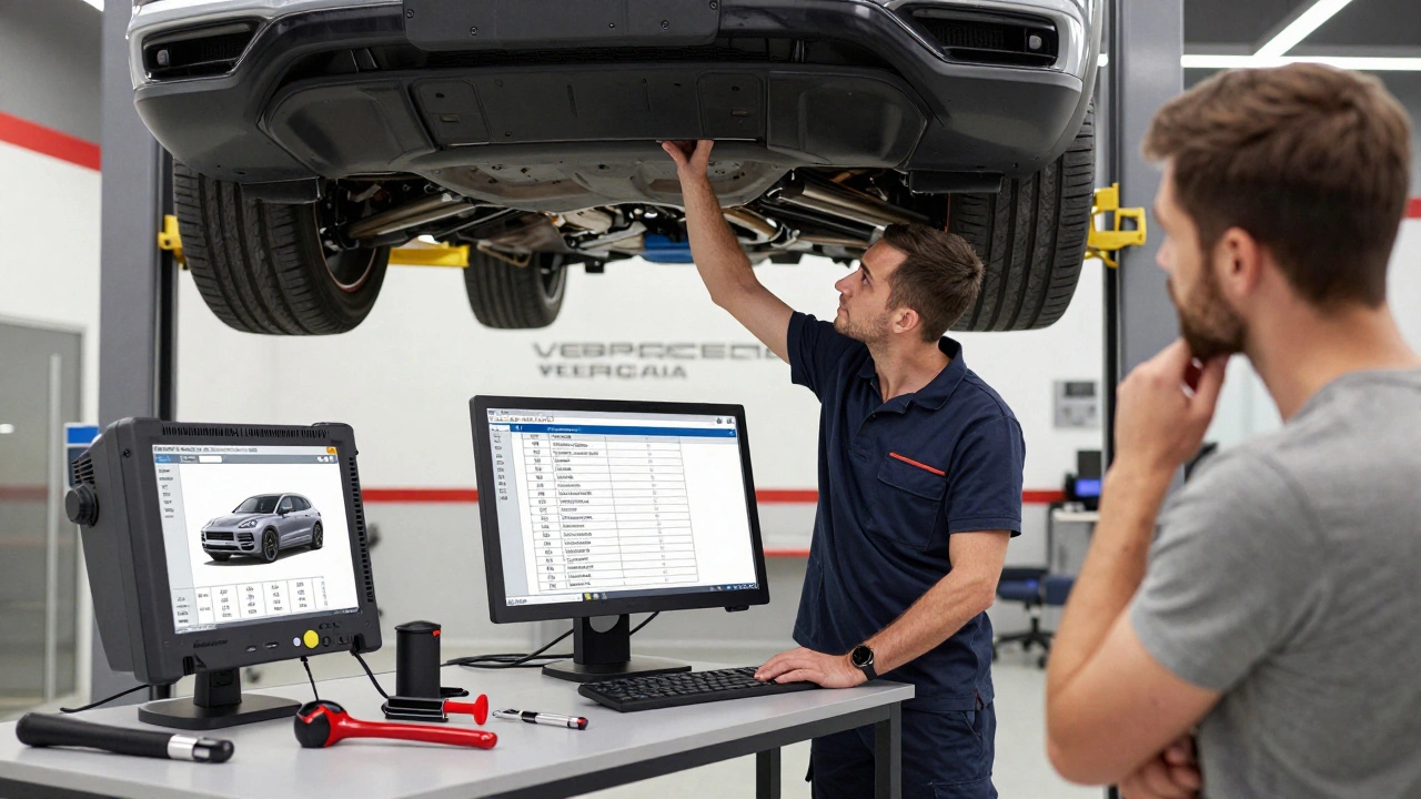Técnico especializado inspeccionando un Porsche Cayenne en un taller certificado en Valencia, con equipos de diagnóstico y luz de trabajo.