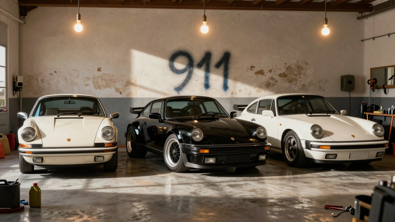 Tres generaciones de Porsche 911 en un garaje, desde los años 60 hasta la actualidad, iluminadas por una sola bombilla.