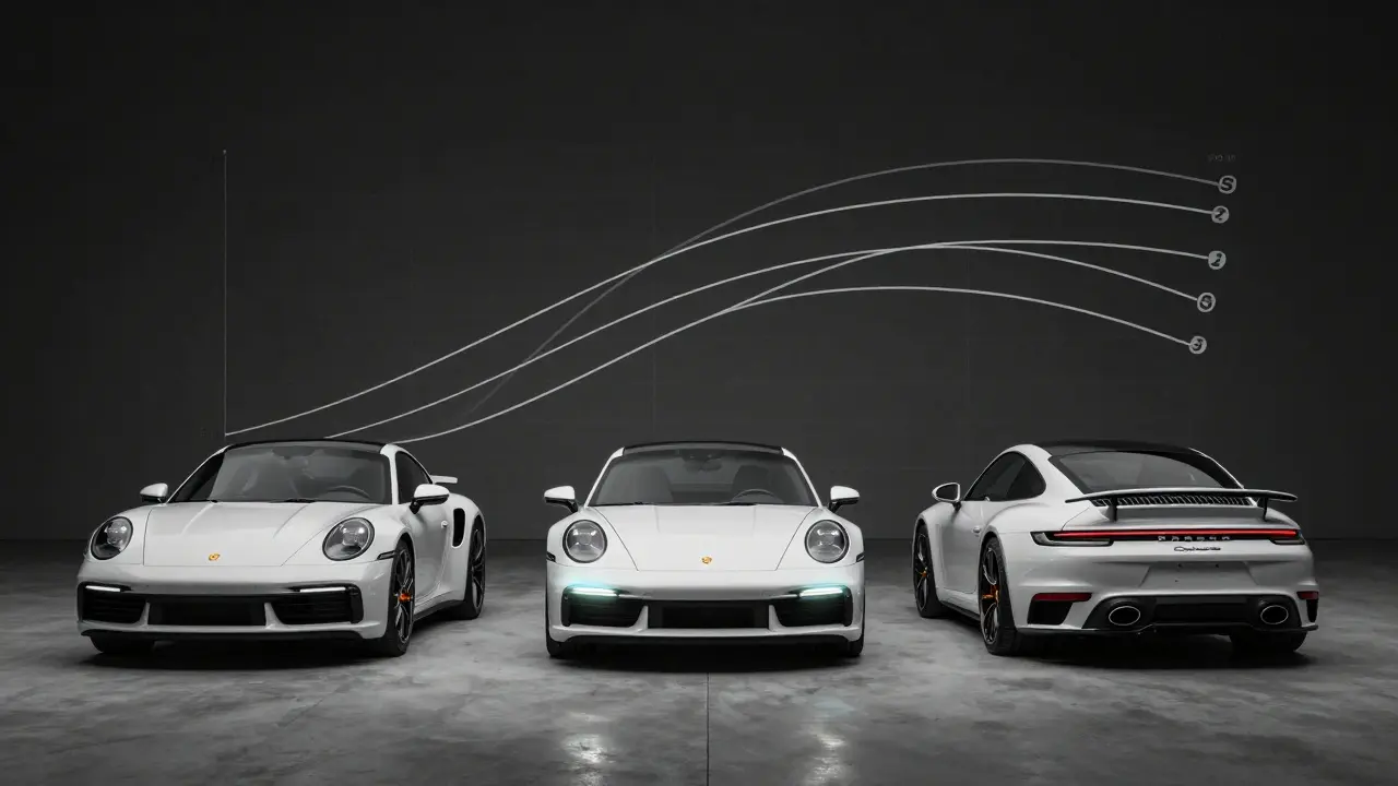 Tres modelos Porsche alineados: Carrera, Carrera S y Turbo S, con el emblema S iluminado como un foco de evolución técnica.