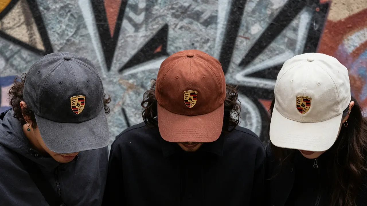 Tres personas en Barcelona llevando gorras inspiradas en Porsche en la calle.