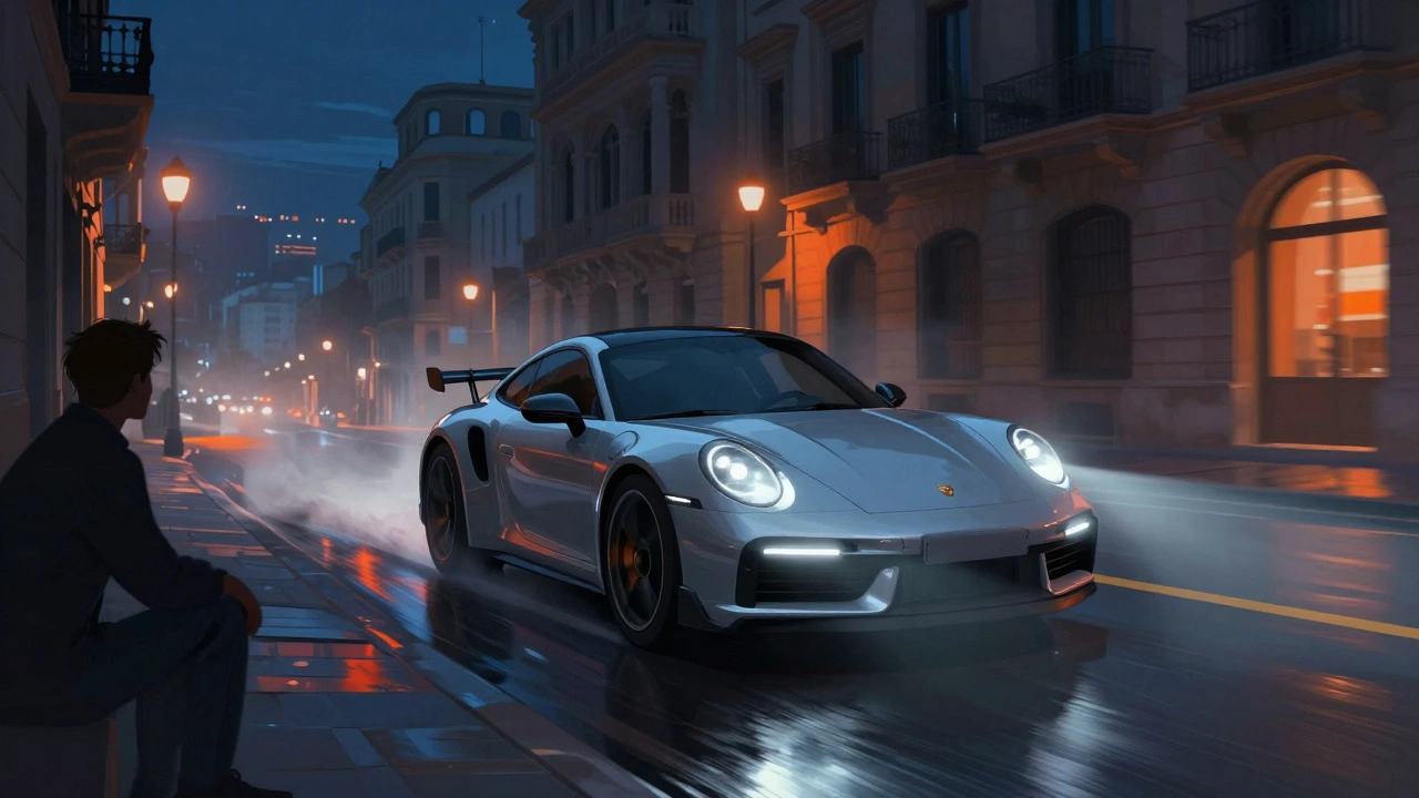 Un Porsche 911 Turbo S de noche en Barcelona, con luces neón y reflejos en la calle mojada.