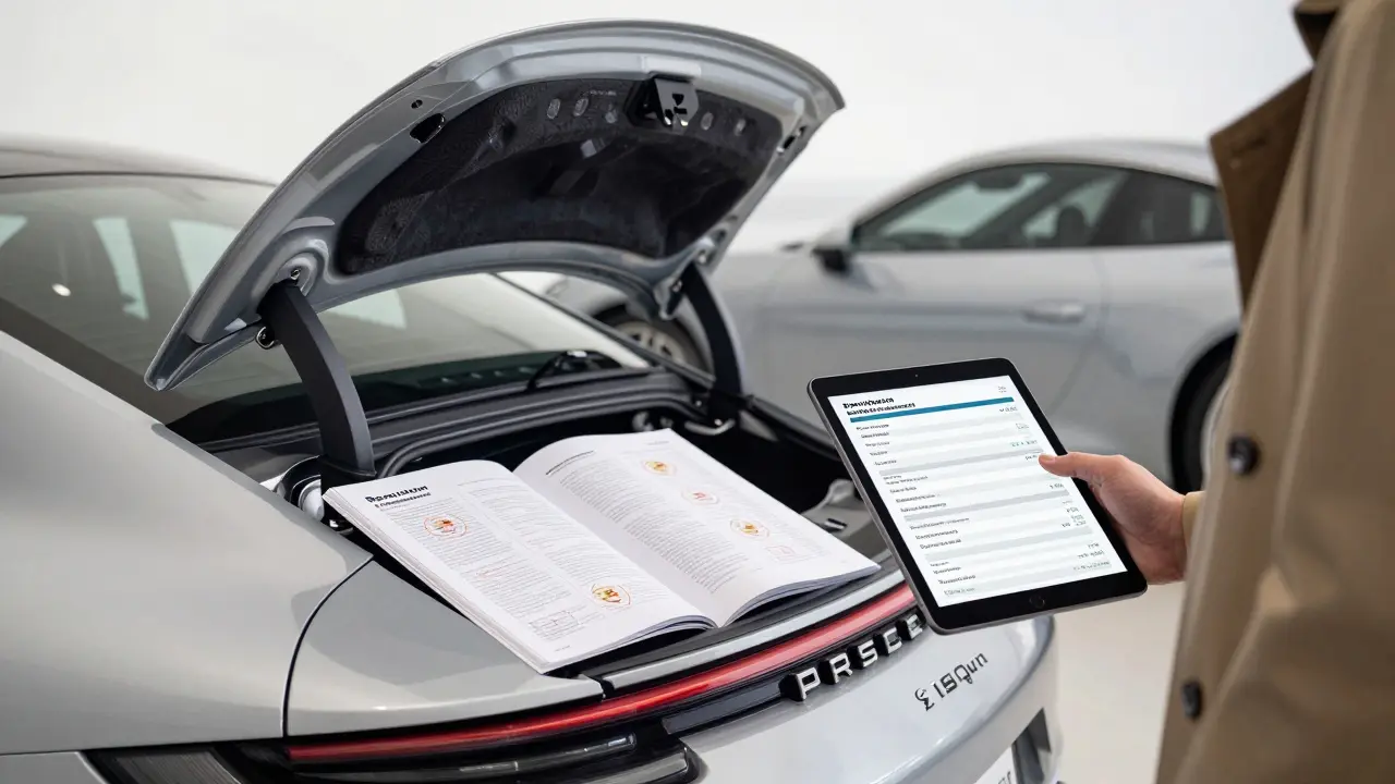 Un Porsche 911 usado certificado con libro de servicios oficial visible, en un concesionario de Valencia.