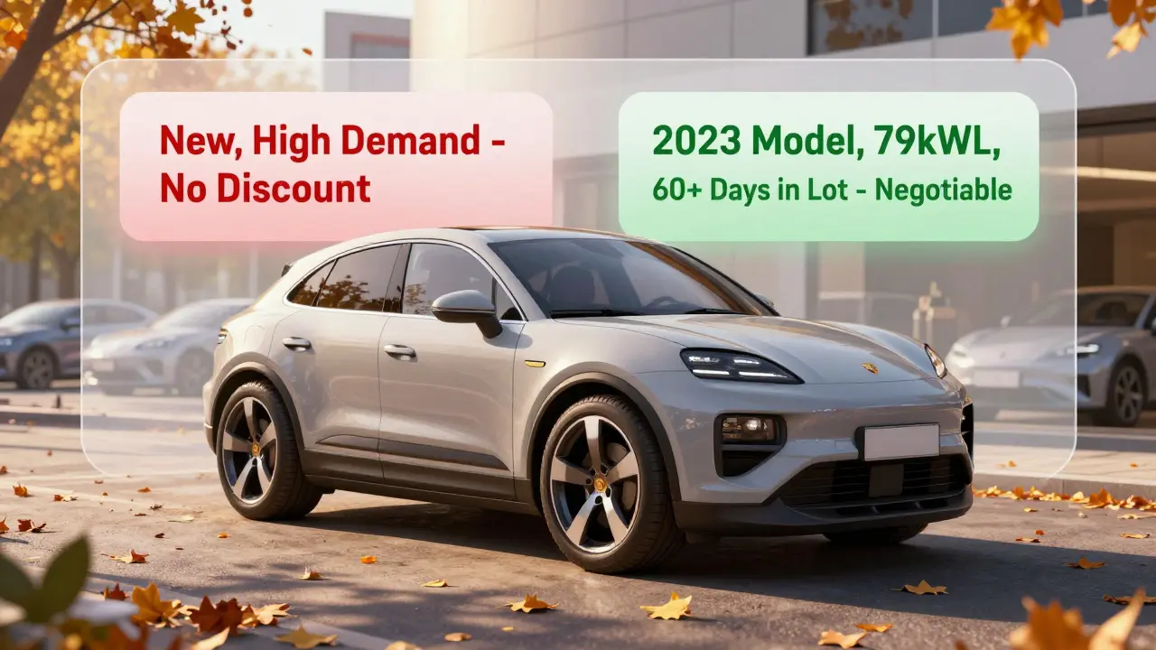 Un Porsche Macan EV en un lote de concesionario en otoño, con etiquetas de precio comparativas superpuestas.