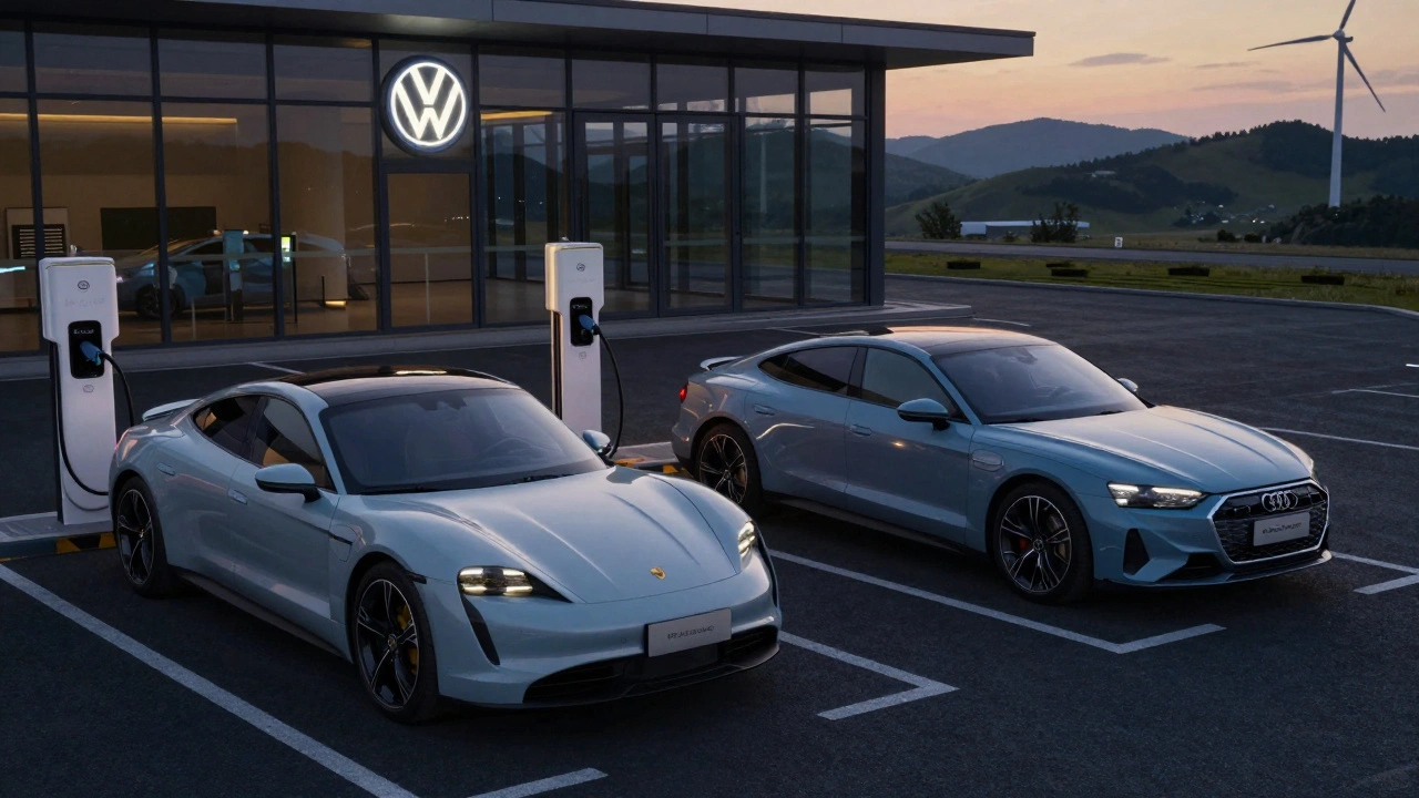 Un Porsche Taycan y un Audi e-tron GT cargando juntos en una estación eléctrica.