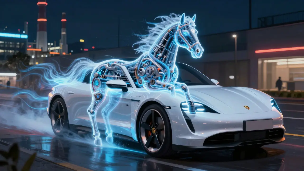 Caballo luminoso hecho de componentes mecánicos galopando desde un Porsche Taycan eléctrico.
