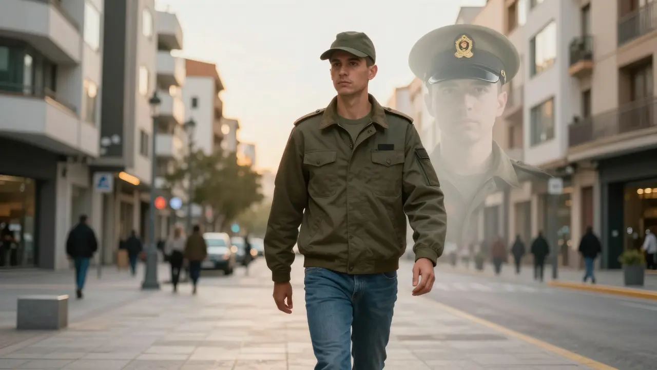 Civilito con gorra estilo campaña en ciudad española, mientras una sombra militar se desvanece detrás.