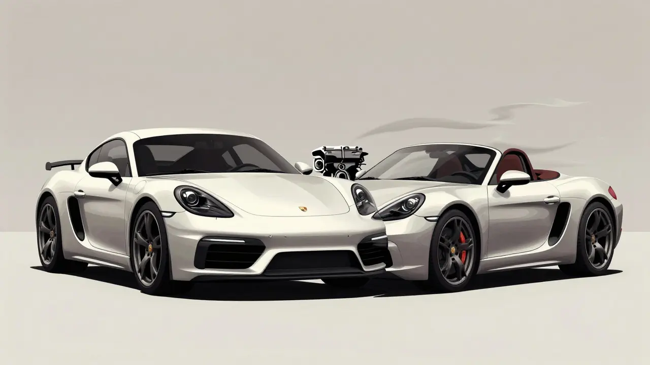 Comparación conceptual entre Cayman y Boxster: rigidez vs libertad con motor compartido.