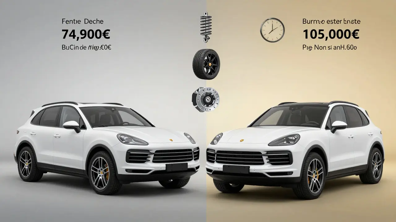 Comparación visual de un Cayenne básico y uno totalmente personalizado con accesorios destacados.