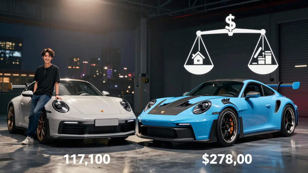 Comparación visual de un Porsche 911 básico frente al mismo modelo completamente personalizado con precios destacados.