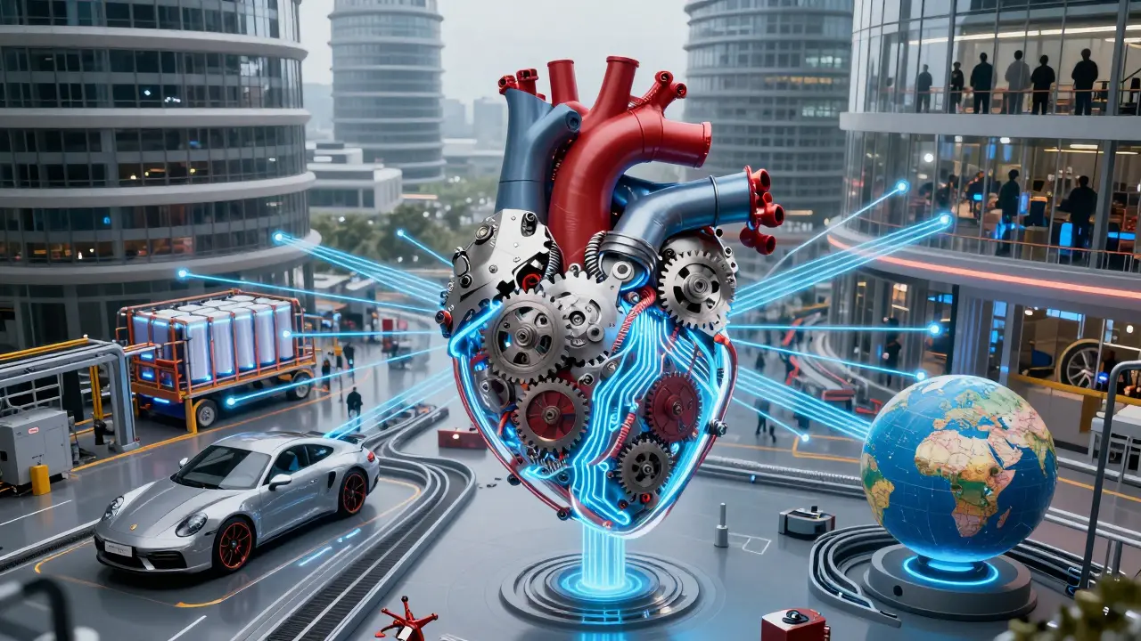 Corazón mecánico brillante conectado a una fábrica de Porsche y un globo con rutas de entrega globales.