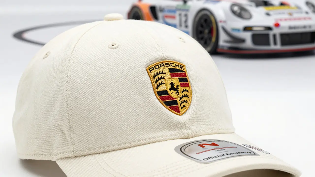 Detalles de una gorra auténtica de Porsche: bordado de la N y el escudo, etiqueta de serie y sello oficial.