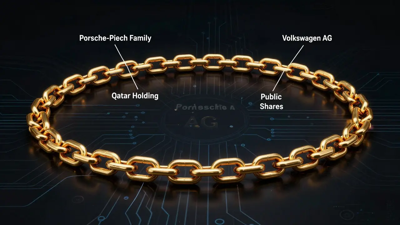 Diagrama conceptual en forma de bucle infinito mostrando la relación entre Porsche, Volkswagen y la familia propietaria.