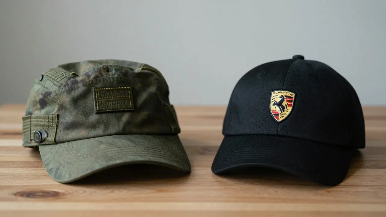 Dos gorras comparadas: una militar con visera rígida y otra de Porsche con logotipo de caballo.