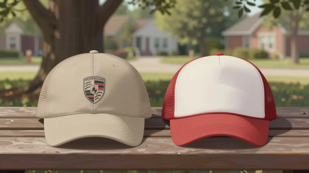 Dos gorras, dad hat y trucker hat, con logotipo discreto de Porsche sobre un banco al aire libre.