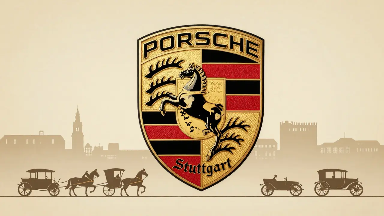 Escudo heráldico alemán con caballo negro, cuernos de ciervo y franjas rojas y negras.