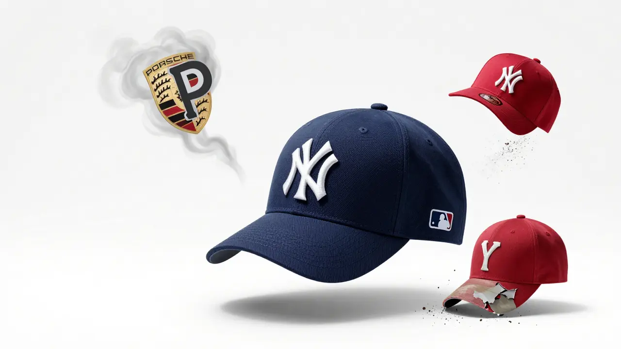 Gorra de los Yankees flotando junto a símbolos de imitaciones y marcas rivales, iluminada por luz central.