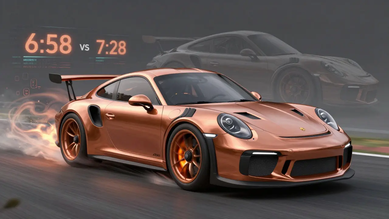 Ilustración conceptual del GT3 RS como una entidad viva con líneas aerodinámicas y datos de rendimiento flotantes.