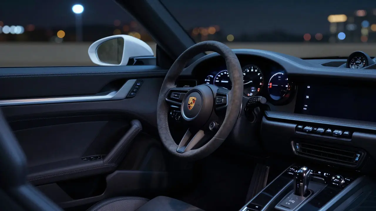 Interior del Porsche 911 Turbo S con iluminación ambiental azul y volante de Alcantara.