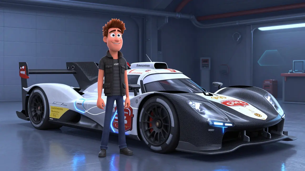 Jackson Storm junto al Porsche 919 Hybrid real en un garaje tecnológico, con líneas de energía conectándolos.