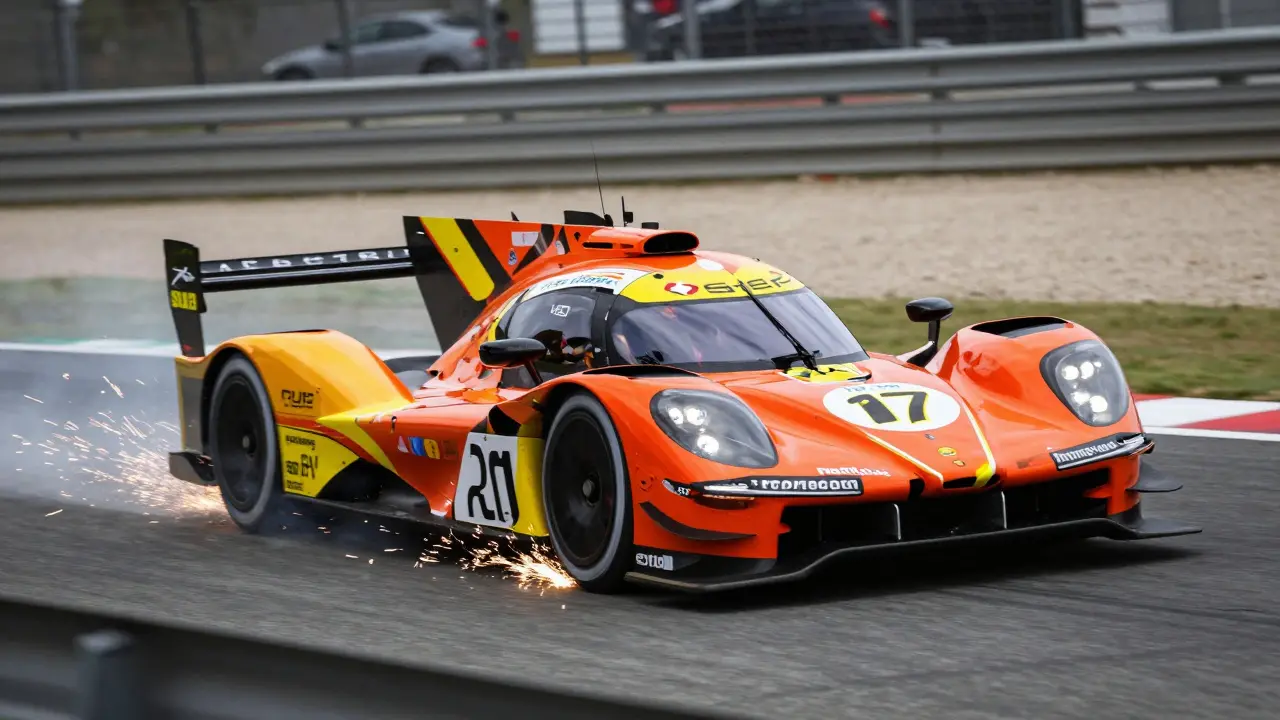 Jackson Storm tomando una curva a alta velocidad, con neumáticos derrapando y aire desplazándose alrededor del coche.