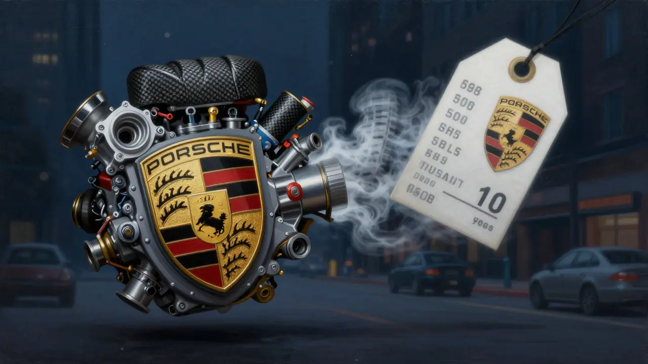 Logotipo de Porsche formado por materiales de lujo y un motor boxer, con humo que se convierte en un precio elevado.