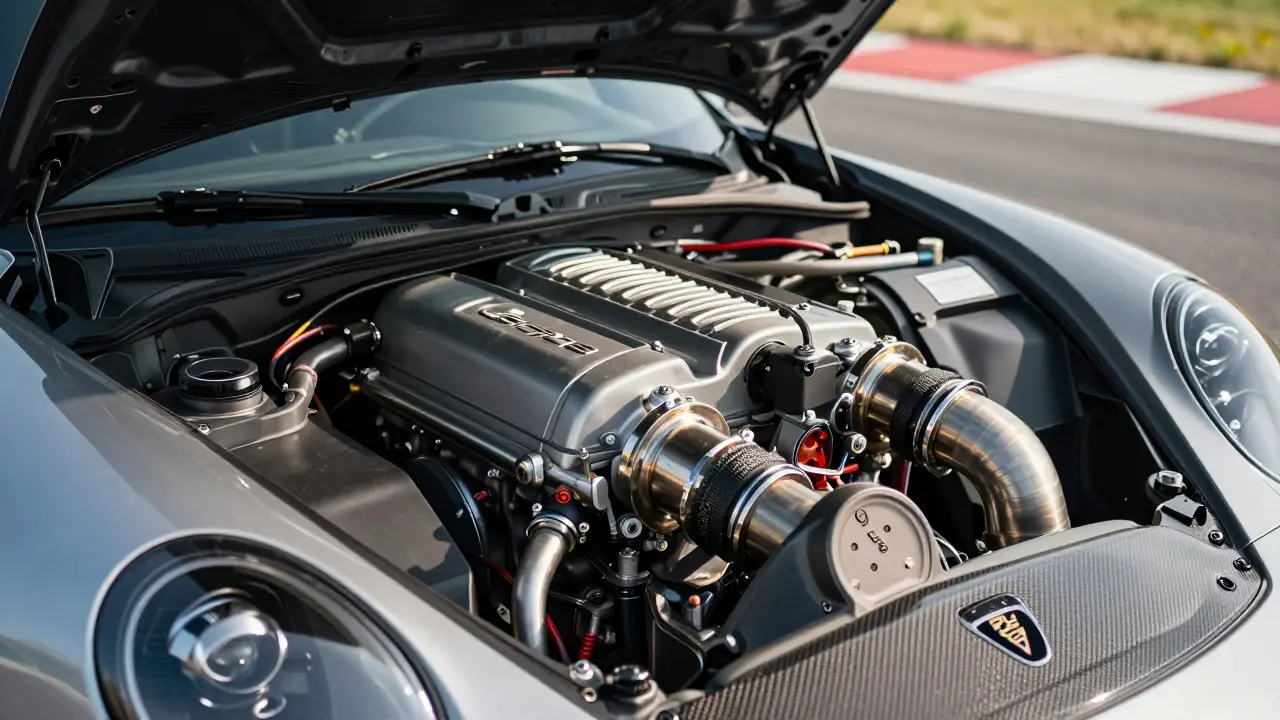 Motor flat-six de 4.0 litros del Porsche 911 GT3, con detalles de aluminio y fibra de carbono bajo la luz del sol.