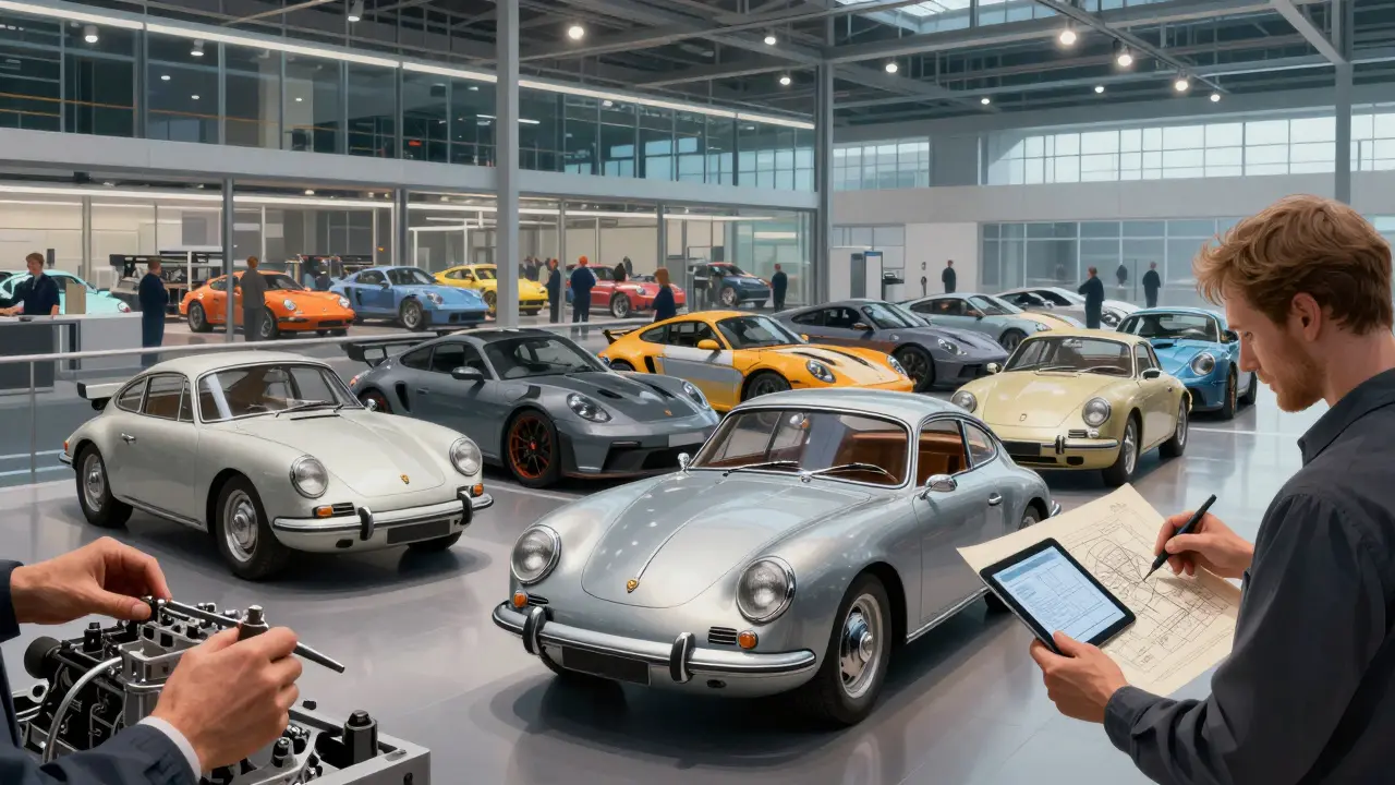 Museo Porsche con modelos históricos y operarios ensamblando un motor en segundo plano, estilo cinematográfico.
