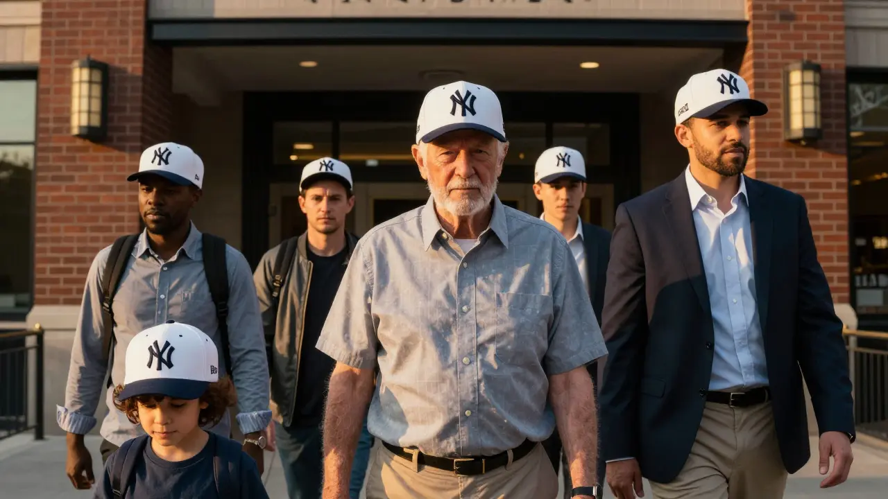 Personas de distintas edades usando gorras blancas de los Yankees frente al Estadio Yankee.