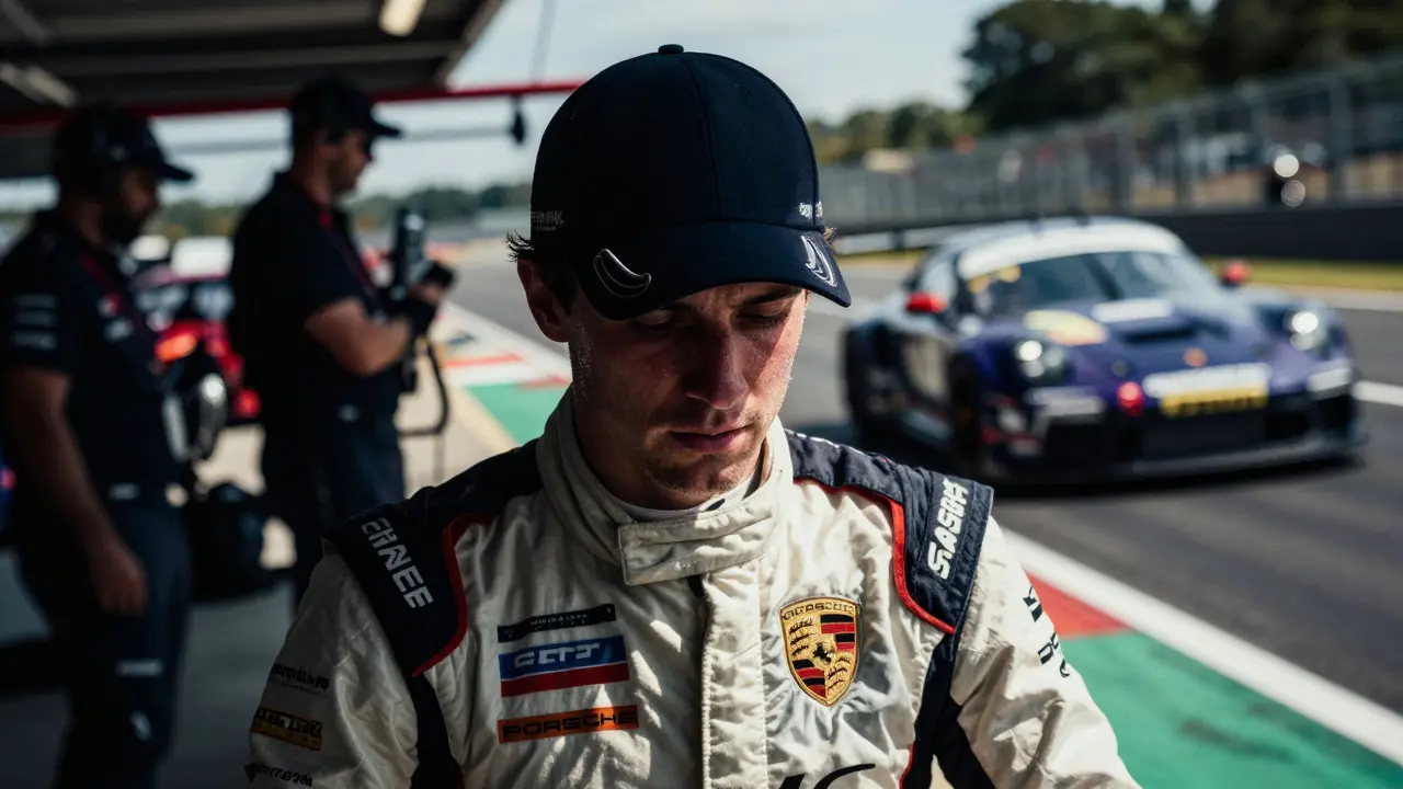 Piloto de Porsche con gorra de visera larga durante una carrera en Le Mans, bajo luz solar intensa.