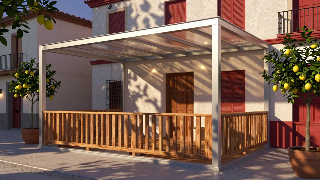 Porch moderno de aluminio y madera reciclada, con techo de policarbonato y árboles cítricos.