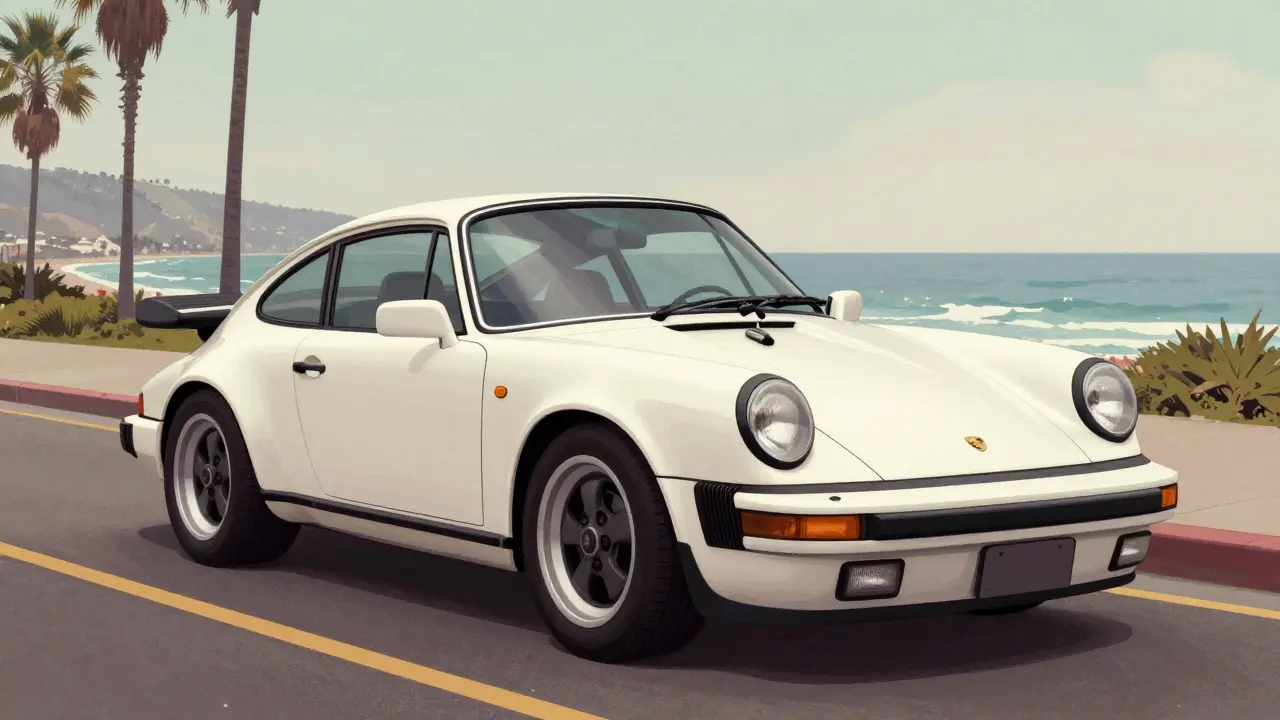 Porsche 911 964 estacionado junto al océano en California, con aspecto original y clásico.