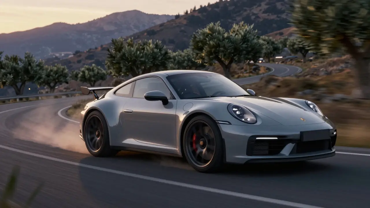 Porsche 911 992 GTS en una curva de montaña al atardecer, con neumáticos levantando polvo y luces delanteras encendidas.