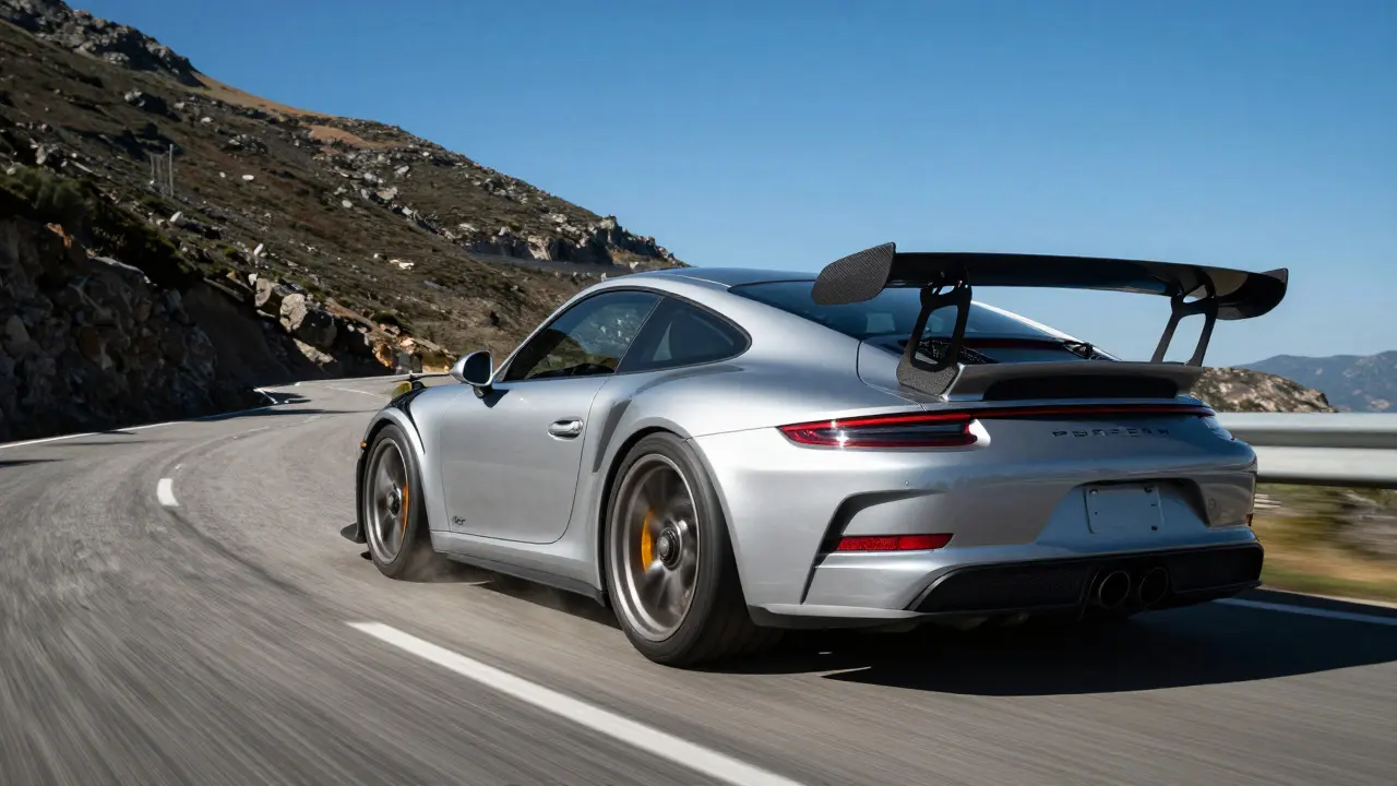 Porsche 911 GT3 en alta velocidad por un camino montañoso en España.