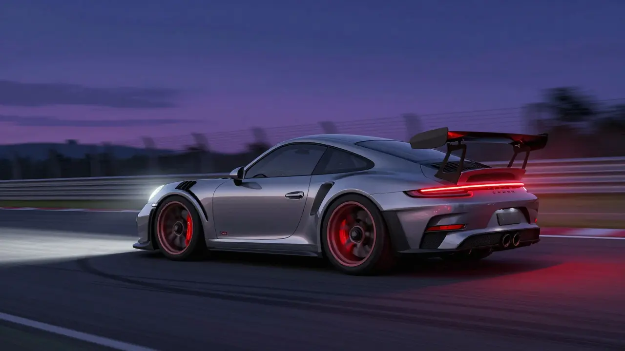 Porsche 911 GT3 RS en una curva de pista, con frenos al rojo vivo y alerón agresivo bajo la luz crepuscular.