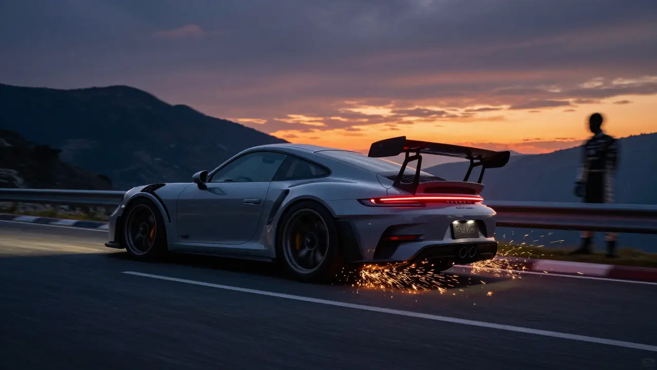 Porsche 911 GT3 RS tomando una curva en una carretera de montaña al atardecer, con neumáticos derrapando y rastro de escape brillante.