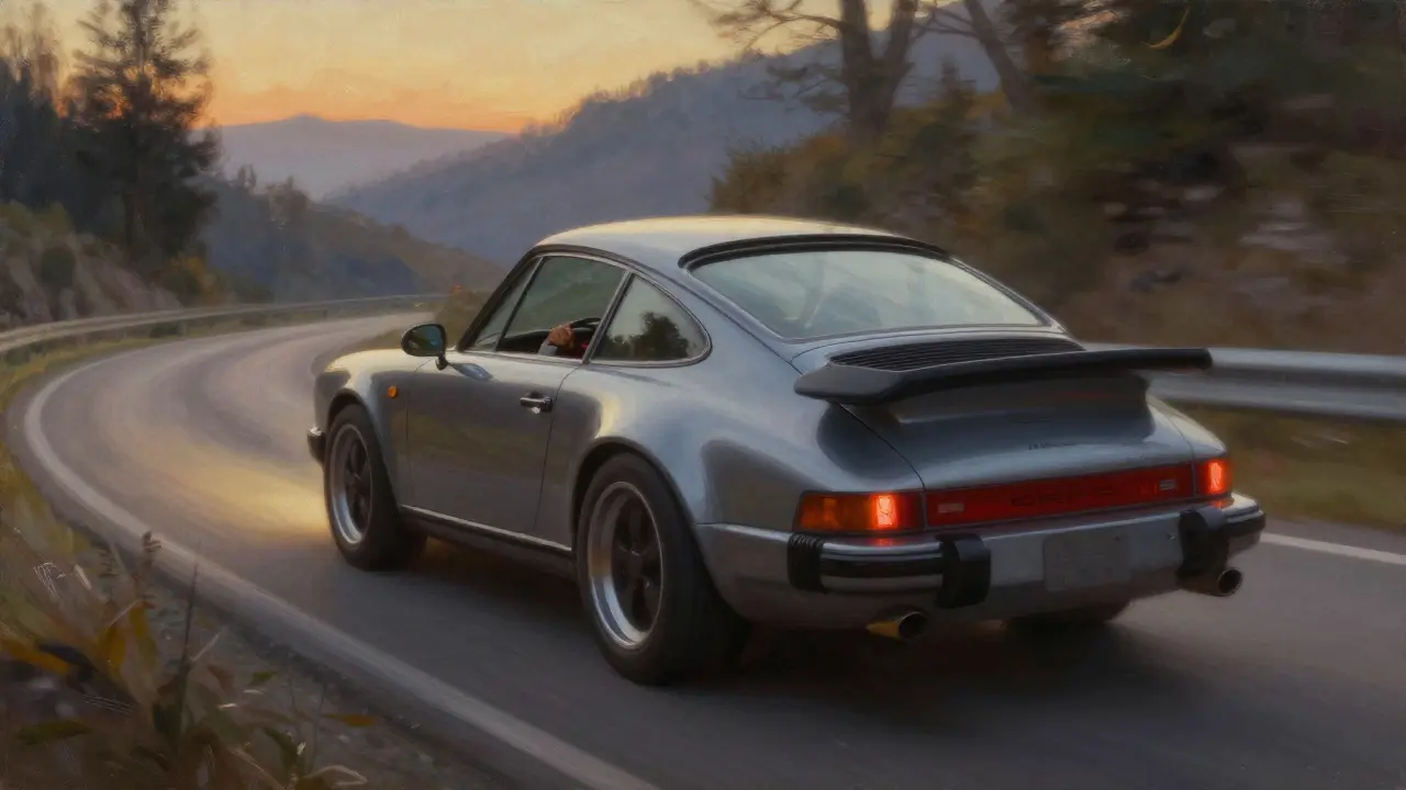 Porsche 911 tomando una curva cerrada en una montaña al atardecer con niebla y luces traseras brillantes.