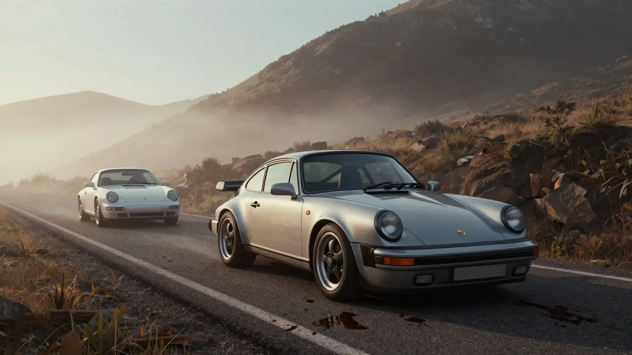 Porsche 964 antiguo en una carretera montañosa con manchas de aceite, frente a un Porsche 997 impecable.