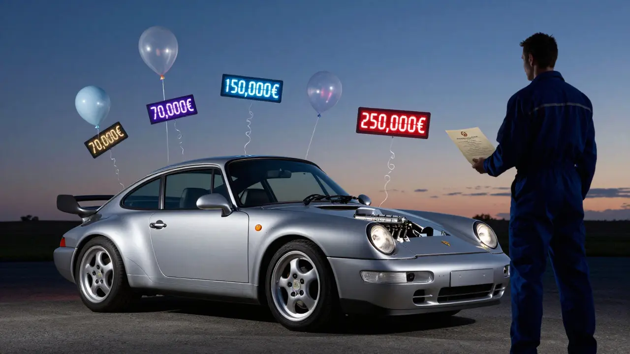 Porsche 993 Turbo S con etiquetas de precio flotantes y certificado de autenticidad.