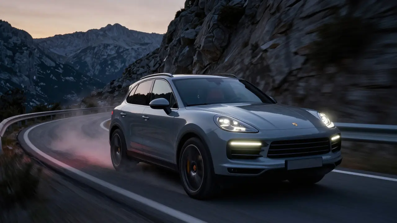 Porsche Cayenne Turbo acelerando por una carretera montañosa en España al atardecer.