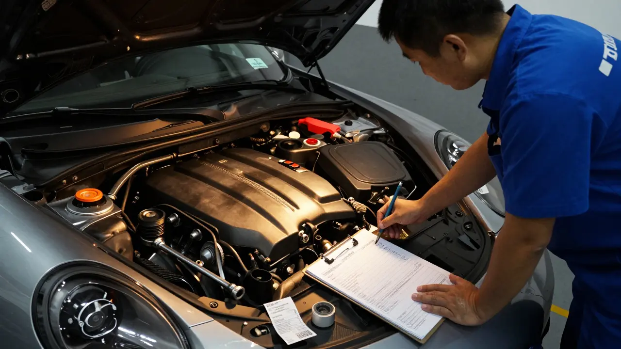 Técnico especializado inspecciona el motor de un Porsche 911 con herramientas y recibos de mantenimiento.