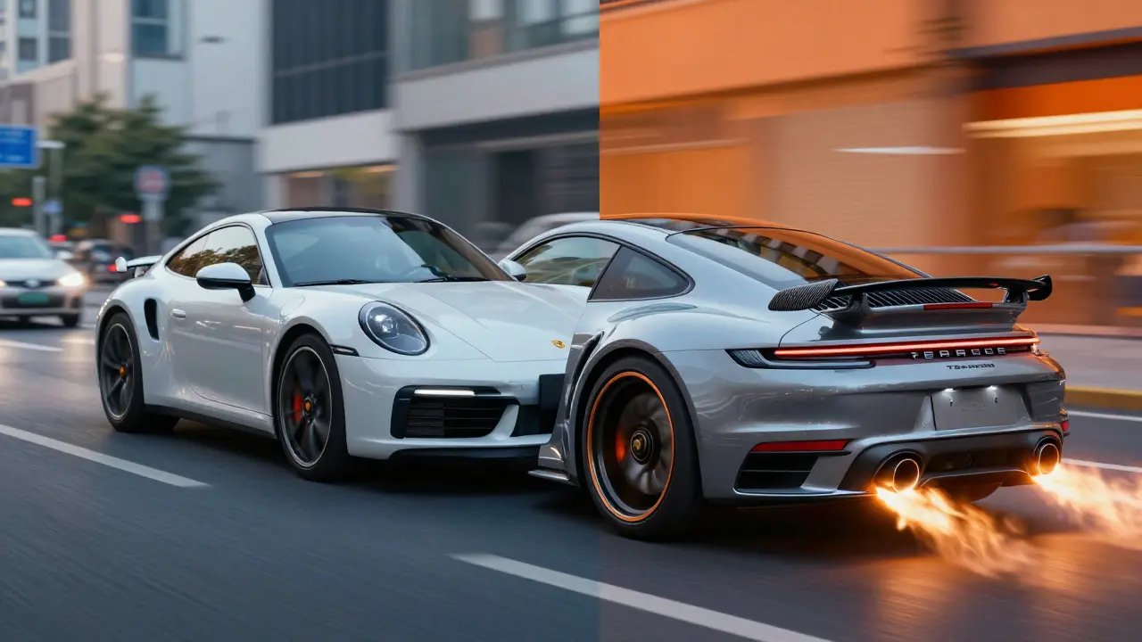 Transformación de un Porsche 911 Carrera S en Turbo S entre entorno urbano y pista.