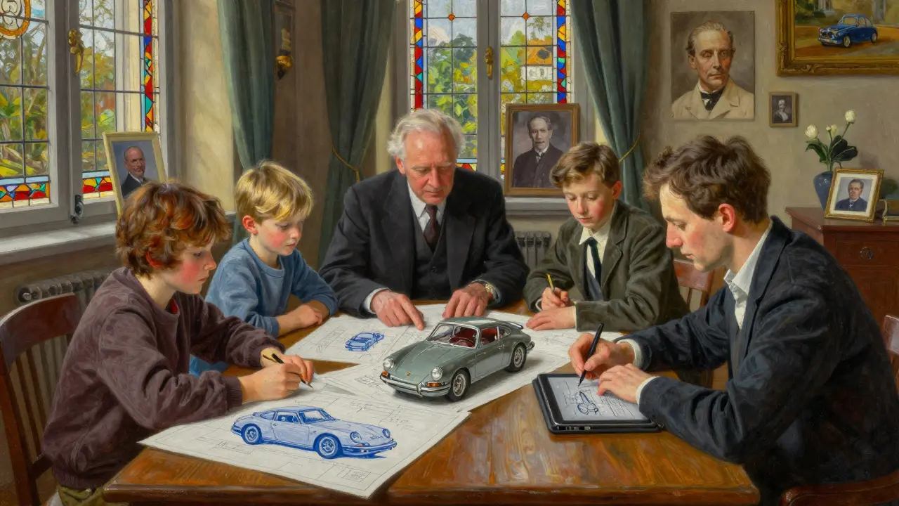 Tres generaciones de la familia Porsche revisan planos de coches en una villa histórica de Stuttgart.