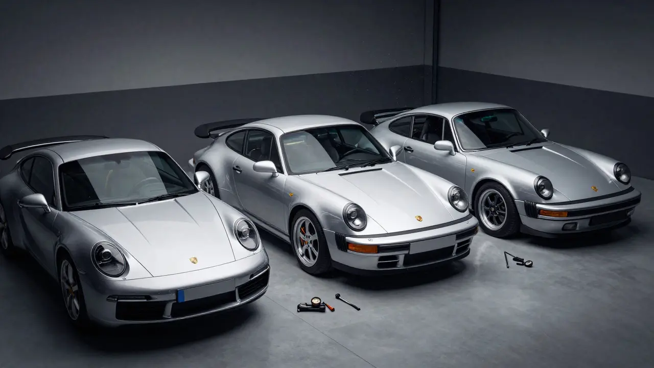 Tres generaciones de Porsche 911 alineadas en un garaje: 993, 992 y 991.2, iluminadas por luces de taller.